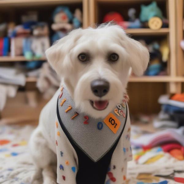 A dog wearing a homemade football costume.