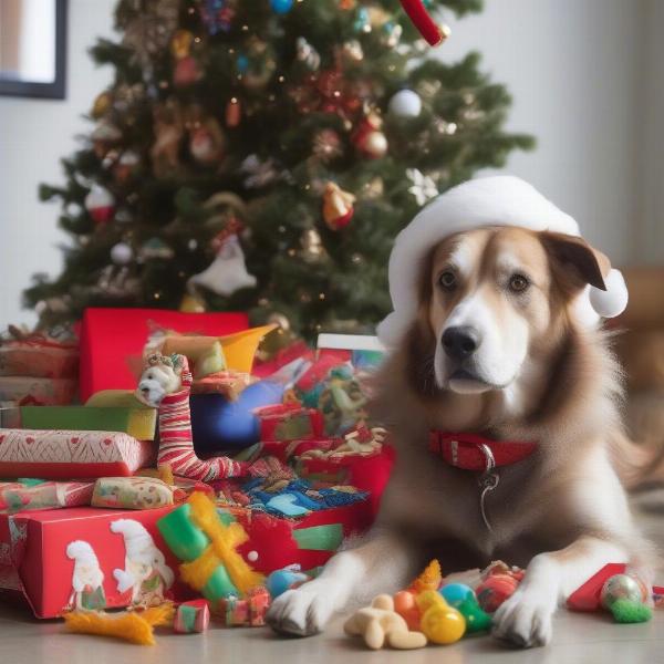 Filling a dog's Christmas stocking with treats and toys.