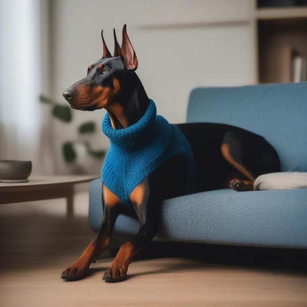 Doberman wearing a blue sweater