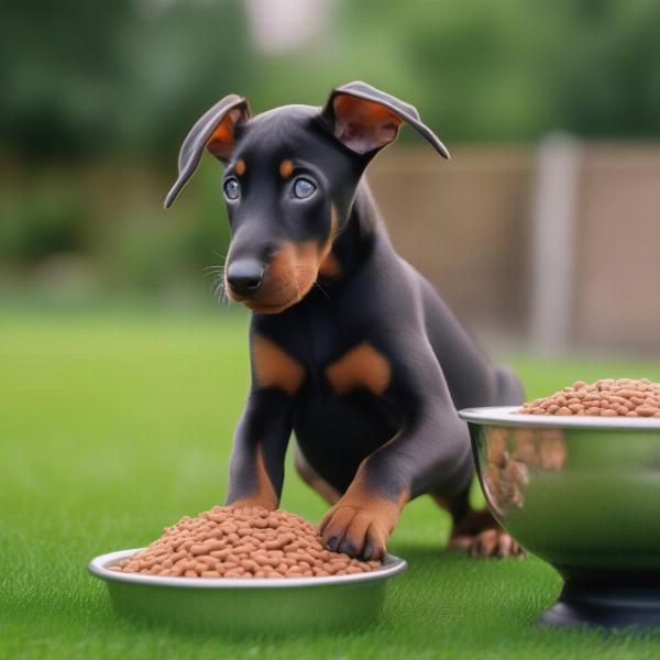 Doberman puppy eating food