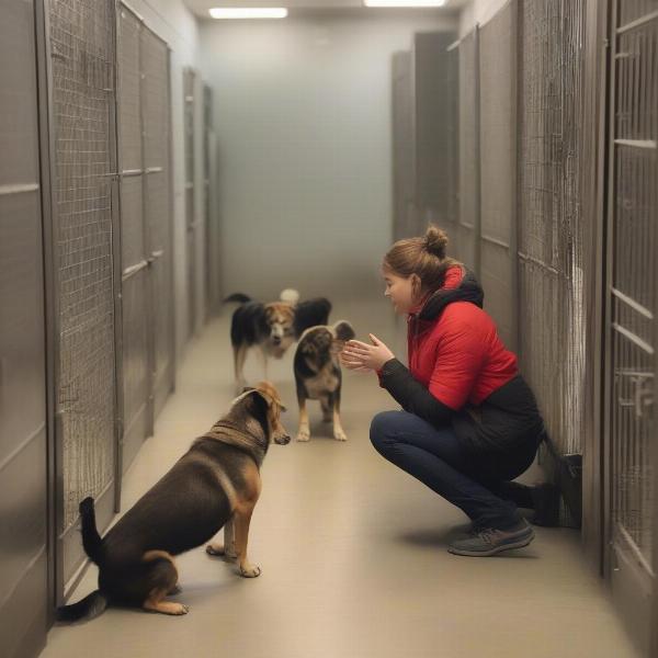 A potential adopter interacting with different dog breeds at a Fargo shelter