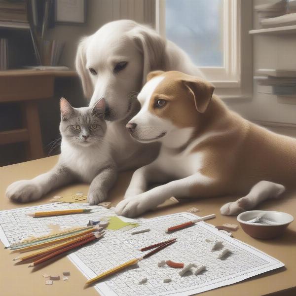 Dog and cat solving crossword puzzle together