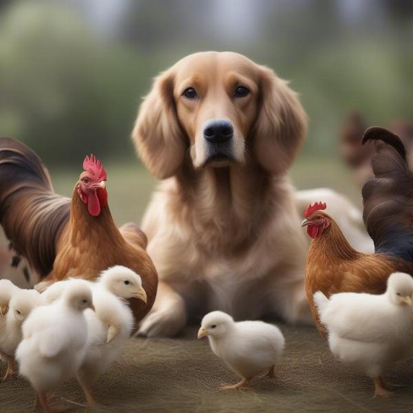 Dog and chickens coexisting peacefully