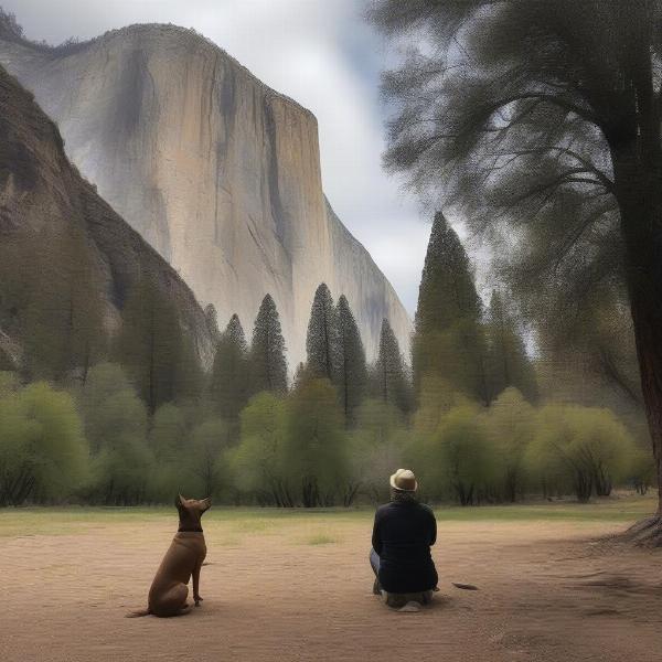 Dog and owner admiring El Capitan in Yosemite Valley