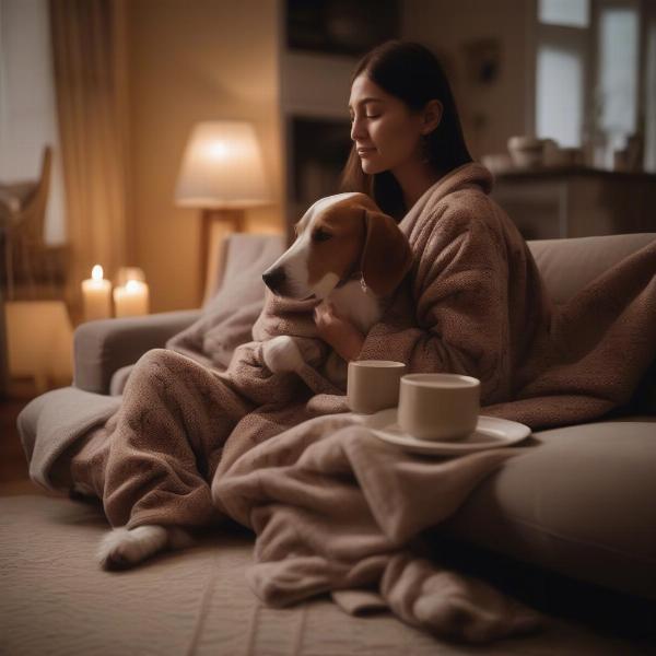 Dog and owner enjoying a cozy night in