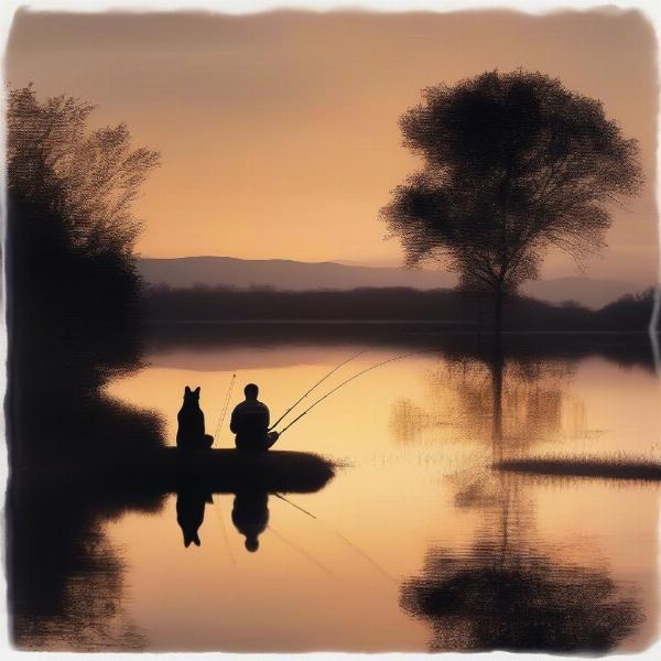 Dog and owner fishing at sunset