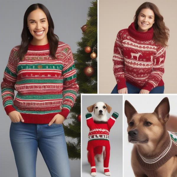 Different styles of matching dog and owner sweaters, showcasing casual, festive, and sporty options.