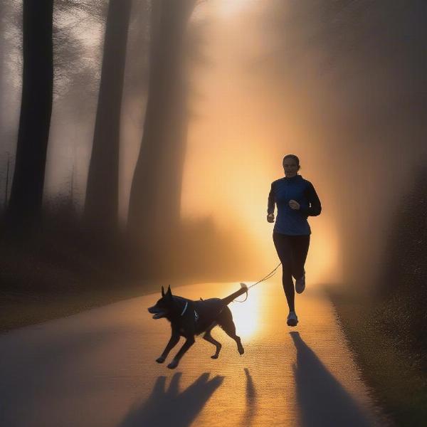 Dog and owner running at night with reflective gear on a well-lit path.