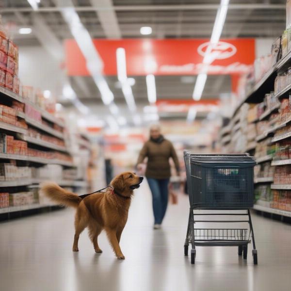 Dog and owner shopping at a Canadian Tire store.