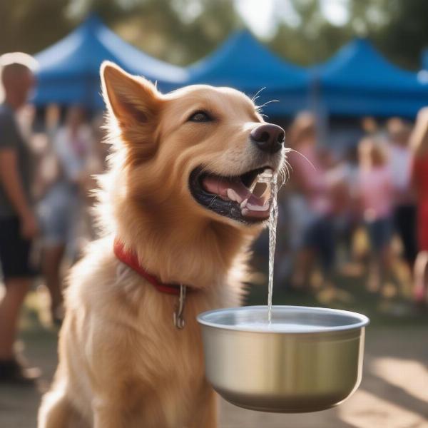 Dog at Outdoor Event with Water Bowl