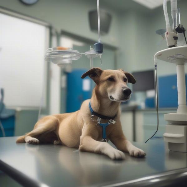 Dog at the vet after eating raisins