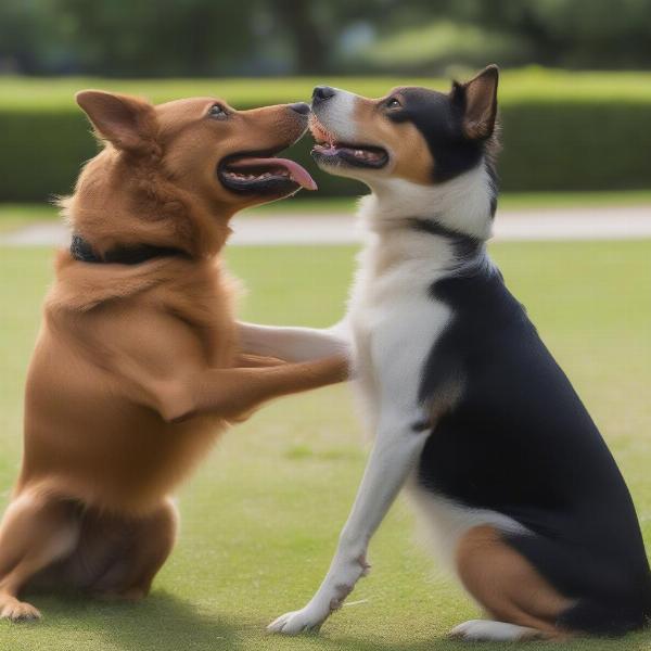 Dog barking aggressively at another dog in the park