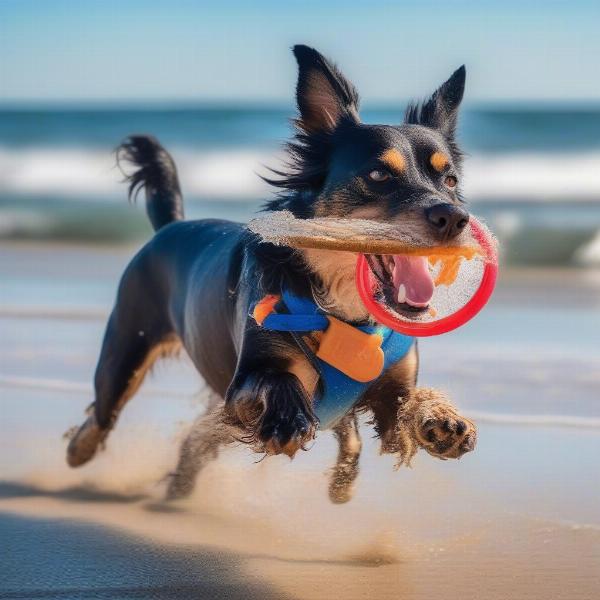 A happy dog running on the beach with a frisbee in its mouth.