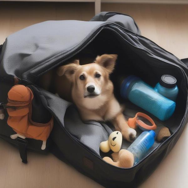 Essential travel items for dogs including a dog bed, food and water bowls, toys, and medication.