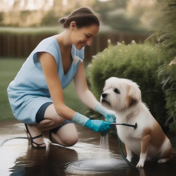 Bathing a Dog Outdoors After Skunk Encounter