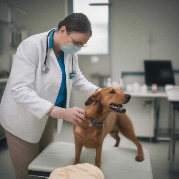 A veterinarian examining a dog