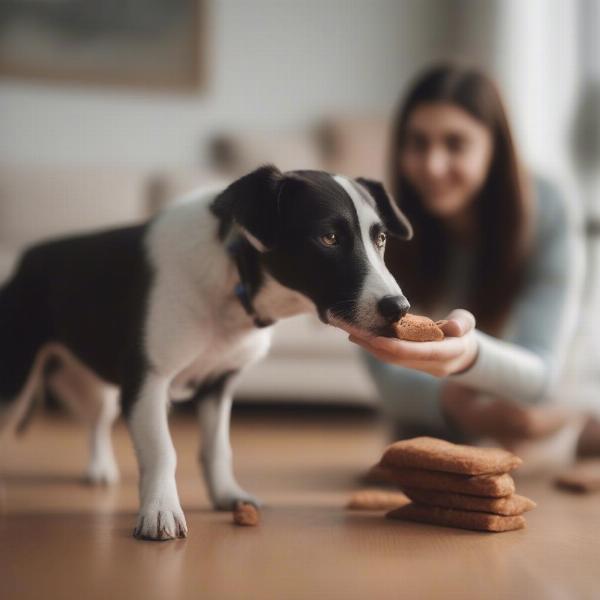 Dog being given braunschweiger as a treat