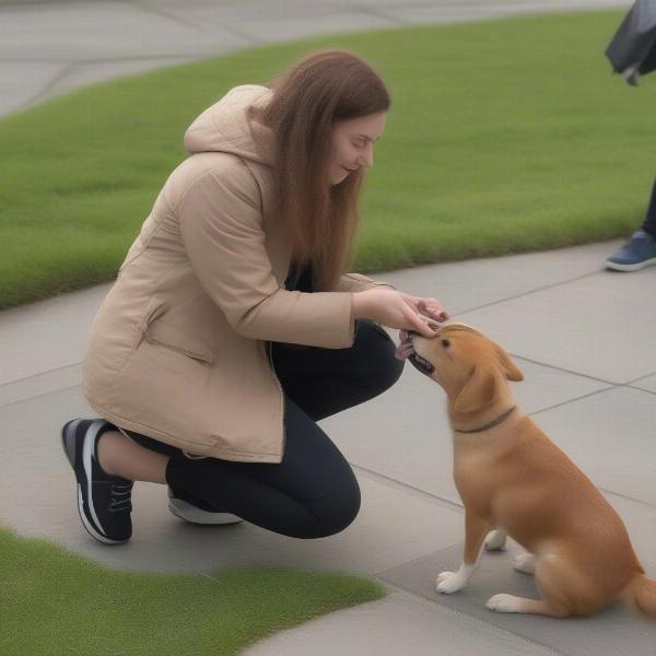 Dog being greeted calmly by visitor