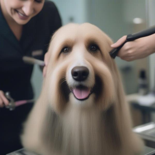 A dog being groomed by a professional groomer.