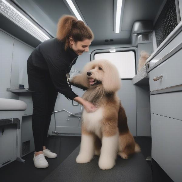 Dog Being Groomed in Mobile Van