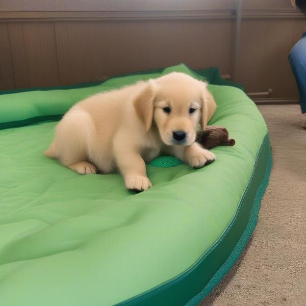 Dog being introduced to a trampoline bed