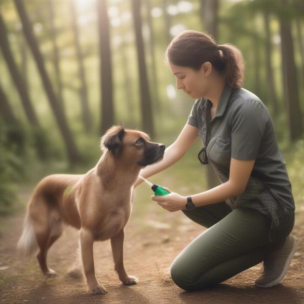 Dog being sprayed with natural tick repellent