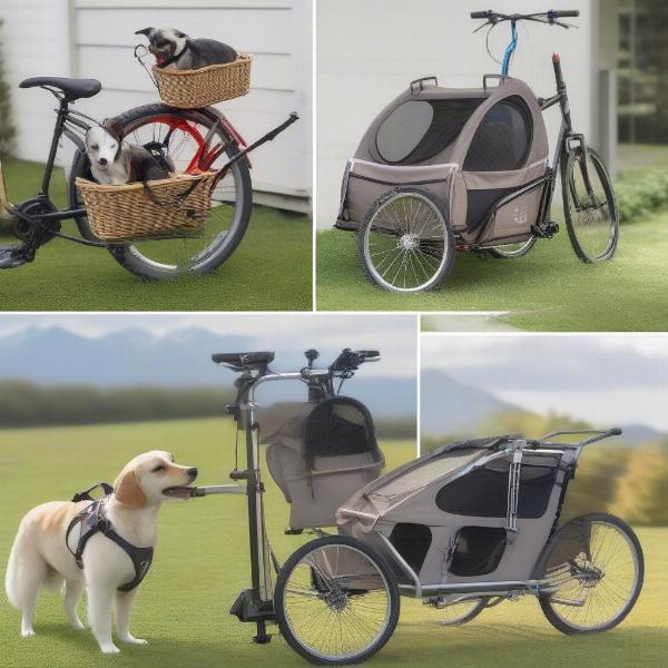 Different types of dog bicycle attachments: trailer, basket, and handlebar mount