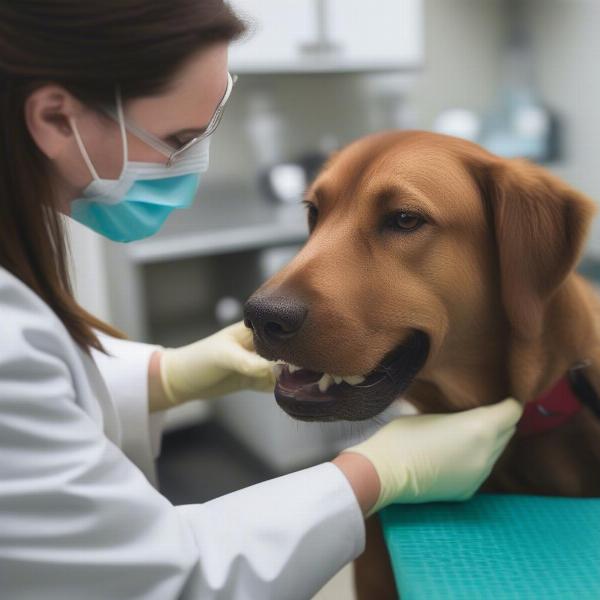 Veterinarian examining a dog's bloody gums