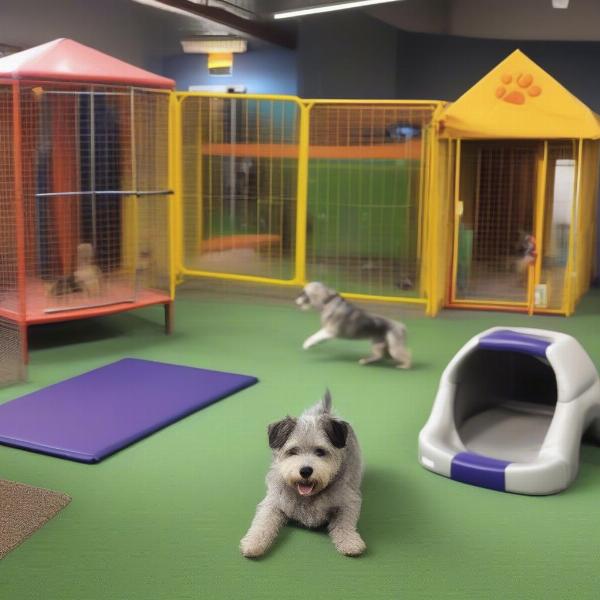 Dogs playing in designated play areas at a Durango dog boarding facility