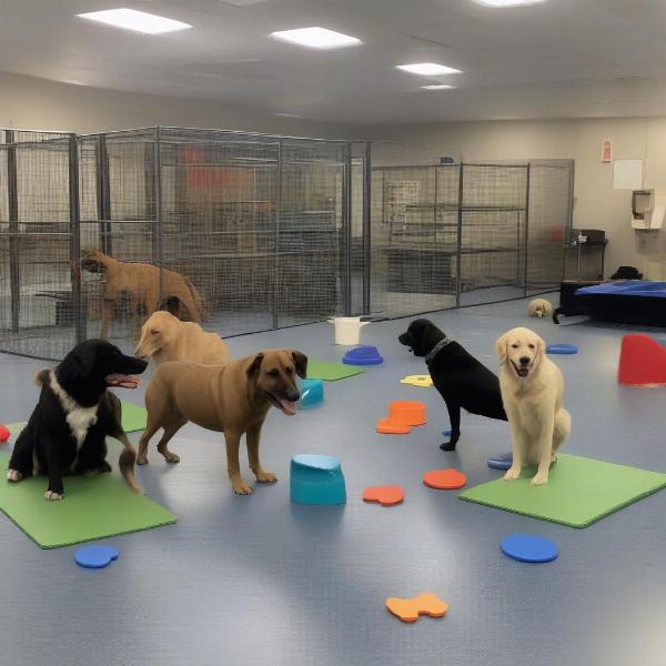 Dogs Engaging in Enrichment Activities at a Boarding Facility