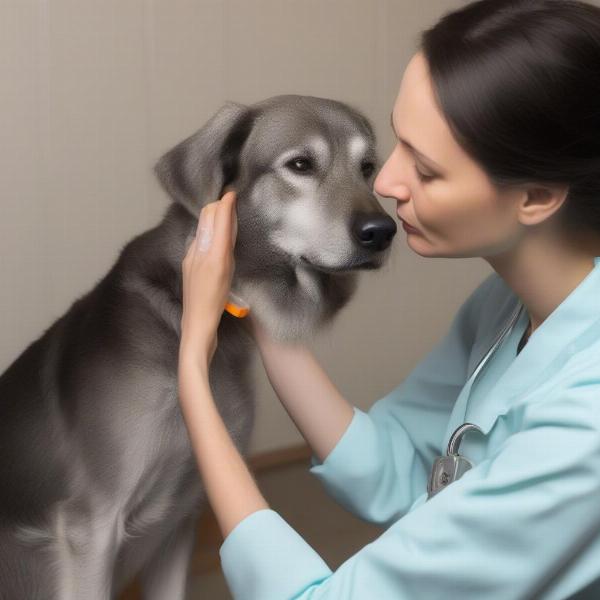 A staff member at a Grand Forks dog boarding facility administering medication to a dog.