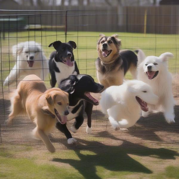 Dogs playing in a designated play area at a dog boarding facility in Williamsburg