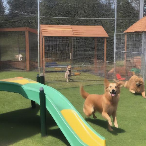 Dogs playing in the outdoor play area of a Windsor dog boarding