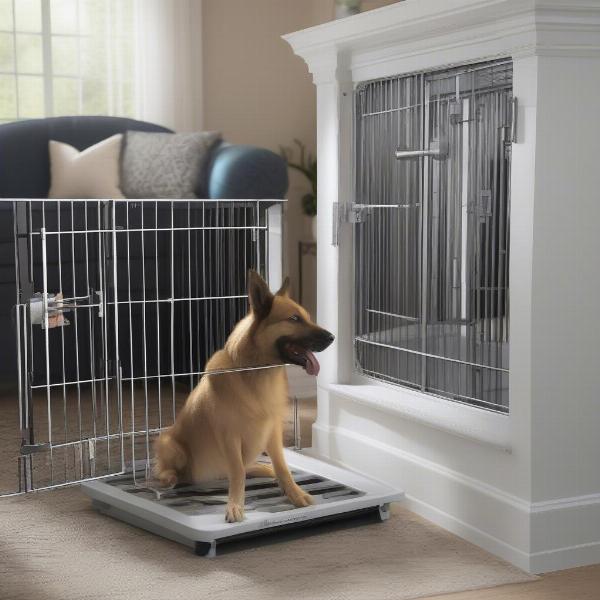 Dog cage with a double locking mechanism and a removable tray.