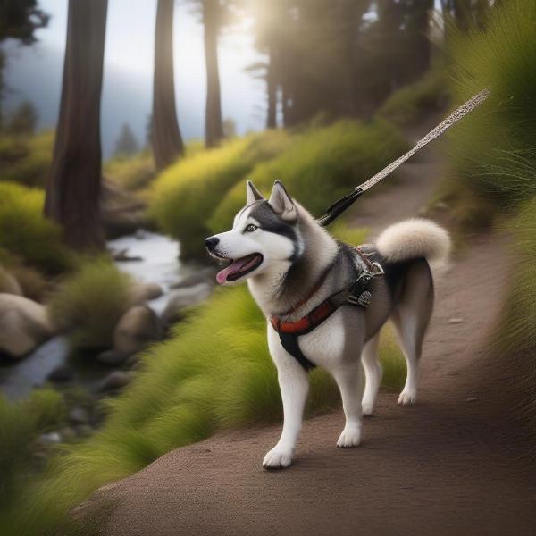 Dog hiking on a California trail