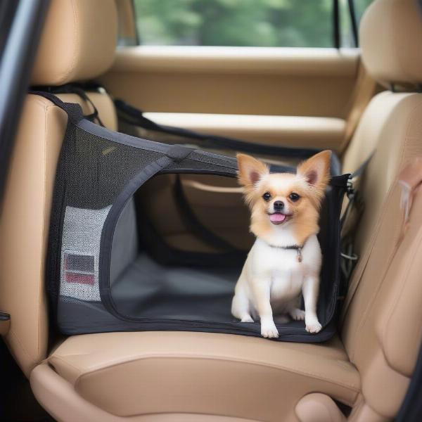 Dog in a Carrier Secured with a Seatbelt