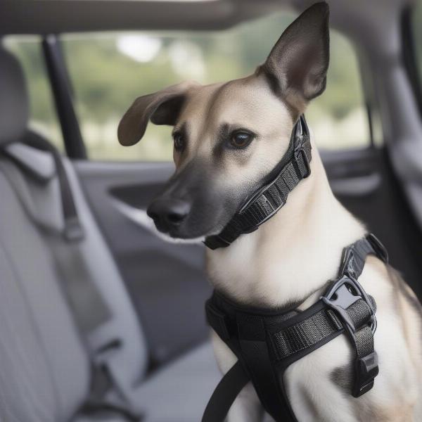 Dog wearing a car harness