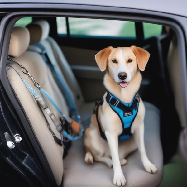 Dog wearing a car harness attached to the seatbelt