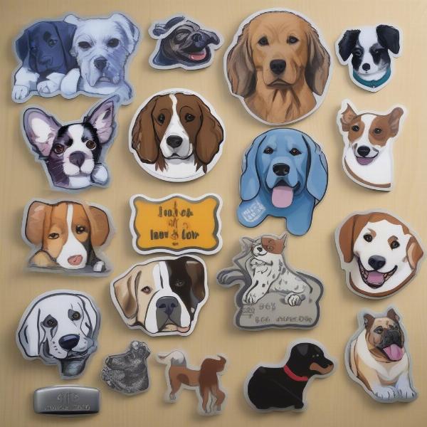 Various dog car magnets featuring different breeds and designs.