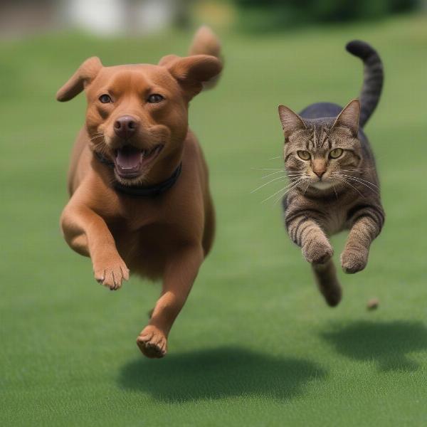 Dog Chasing Cat in Backyard