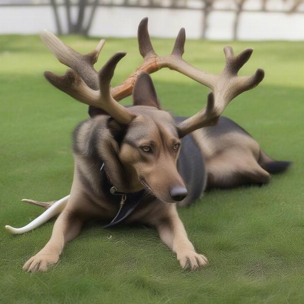 Dog happily chewing on an antler