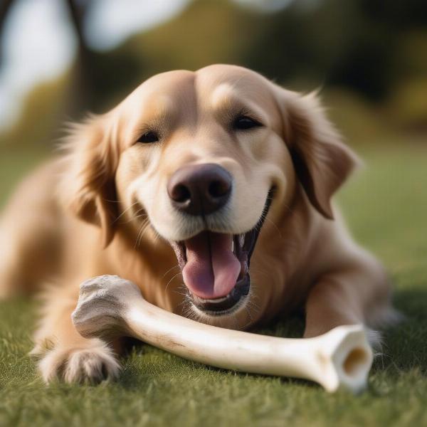 Dog chewing an antler bone