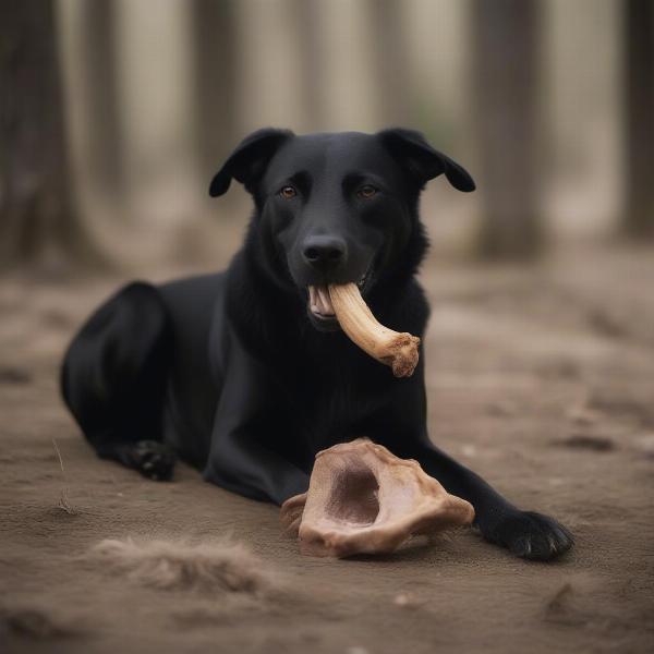 A happy dog chewing on a buffalo ear