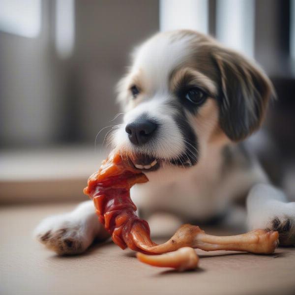 Dog Chewing a Chicken Foot