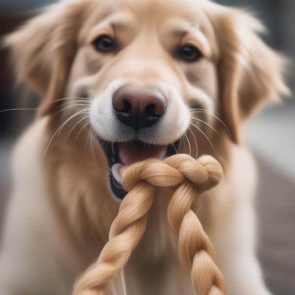 A happy dog chewing on a collagen braid