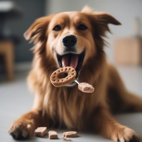 A dog happily chewing a dental treat