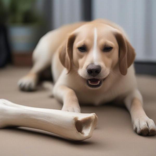 Dog happily chewing on a gogo mammoth bone