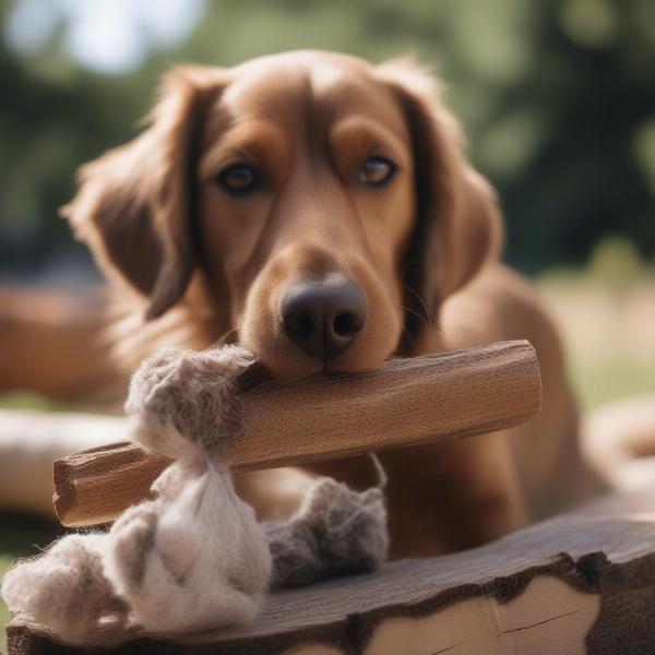 Dog chewing on a knotty root chew toy