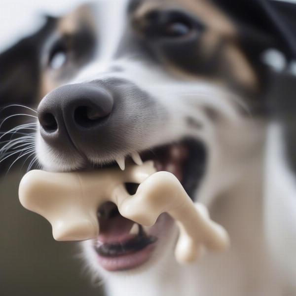 A dog chewing on a nylon bone