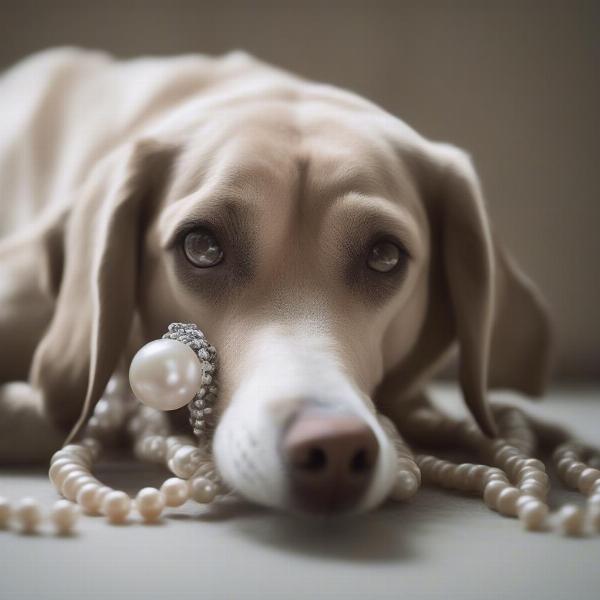 Dog chewing on a pearl necklace